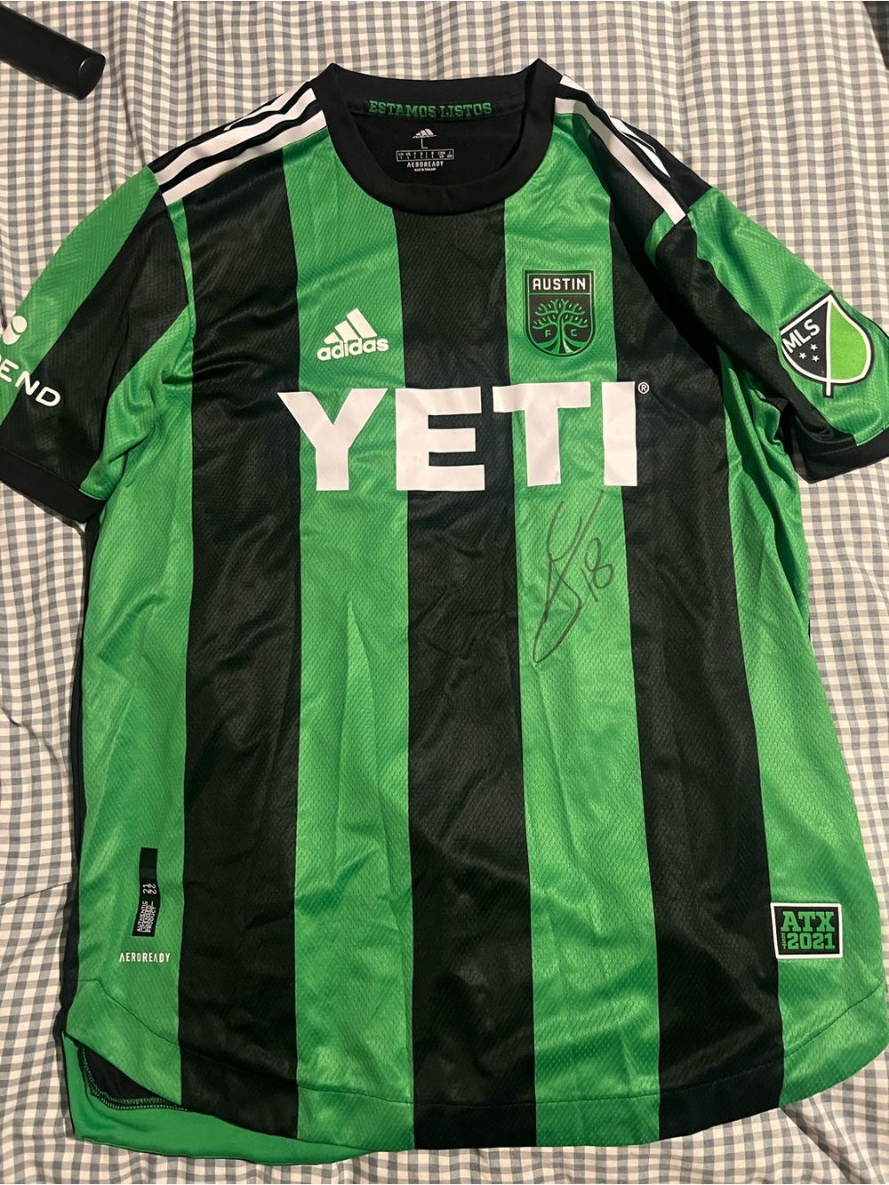 adidas autographed Austin FC Green & Black Striped Soccer Jersey with YETI Logo